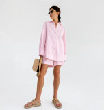 IHOOV Comfortable Loose Fit Long-Sleeve Shorts Cotton-Linen Pajama Set for Women