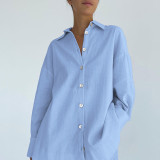 IHOOV Comfortable Loose Fit Long-Sleeve Shorts Cotton-Linen Pajama Set for Women