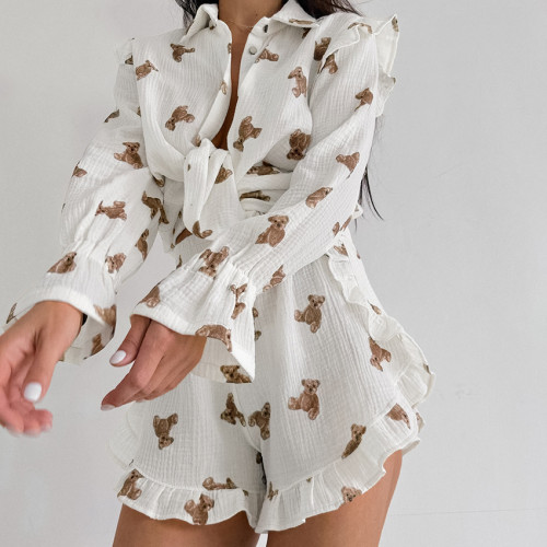 IHOOV Cozy Cotton Teddy Bear Printed Loungewear Set for Women