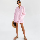 IHOOV Comfortable Loose Fit Long-Sleeve Shorts Cotton-Linen Pajama Set for Women