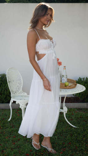 ihoov Elegant V-Neck Backless Sleeveless Solid Color Patchwork Chiffon Maxi Dress