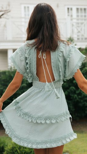 IHOOV Unique Lace Trimmed Tie-Back Flare Sleeves Mini Dress