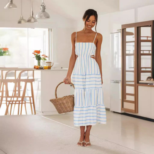 ihoov Spaghetti Strap Cropped Waist Tied Striped Maxi Dress