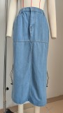 Women Water-Washed Drawstring Waist Mid-Length Denim Skirt