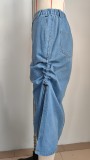 Women Water-Washed Drawstring Waist Mid-Length Denim Skirt