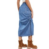 Women Water-Washed Drawstring Waist Mid-Length Denim Skirt