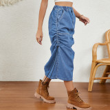 Women Water-Washed Drawstring Waist Mid-Length Denim Skirt