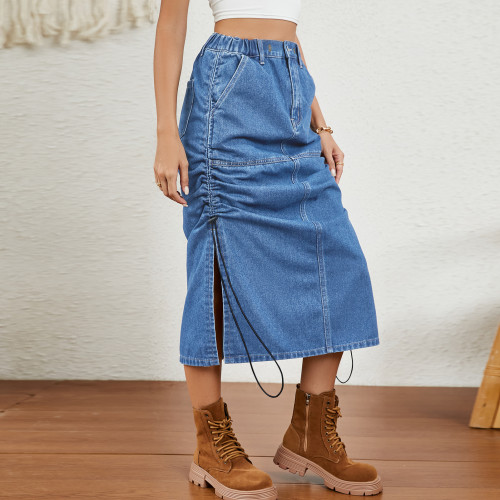Women Water-Washed Drawstring Waist Mid-Length Denim Skirt