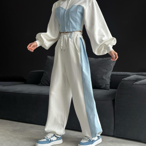 Versatile Denim Zip-Up Hoodie and Straight Leg Pant Set