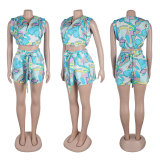 IHOOV Pleated V-Neck Sleeveless High-Waisted Wide-Leg Shorts Two-Piece Set