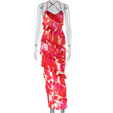 IHOOV Alluring Unique Printed Pattern Backless Tie-Up Slip Dress