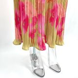 Butterfly Knot Pleated Slim-Fit Printed Strapless Maxi Dress