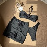 IHOOV Alluring Rose Floral Spaghetti Strap Solid 3-Piece Swimsuit Bikini