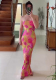 Butterfly Knot Pleated Slim-Fit Printed Strapless Maxi Dress