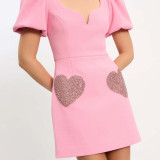 ihoov Women's Collection Elegant Pink V-Neck  Bubble Sleeve Sequin Dress