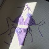 IHOOV Solid Color Rose Drawstring Split Swimsuit Bikini