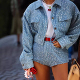 ihoov Seductive Denim Sequin Jacket Short + Shorts