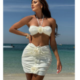 IHOOV Alluring Rose Floral Spaghetti Strap Solid 3-Piece Swimsuit Bikini