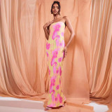Butterfly Knot Pleated Slim-Fit Printed Strapless Maxi Dress