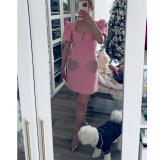 ihoov Women's Collection Elegant Pink V-Neck  Bubble Sleeve Sequin Dress