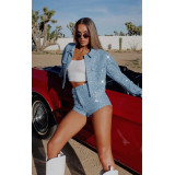 ihoov Seductive Denim Sequin Jacket Short + Shorts