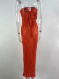 Butterfly Knot Pleated Slim-Fit Printed Strapless Maxi Dress