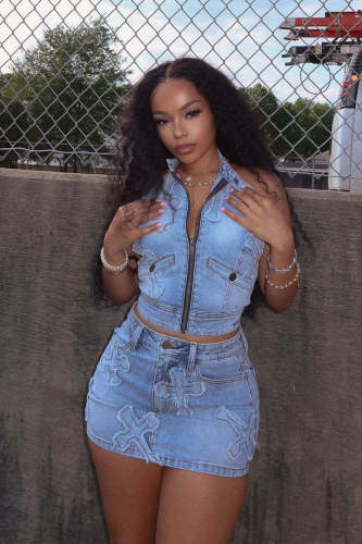 IHOOV Embroidered Denim Vest and Skirt Stretchy Set