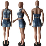 IHOOV Embroidered Denim Vest and Skirt Stretchy Set