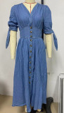 IHOOV  V-Neck Long Button-Down Denim Dress