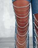 ihoov Unique Chain Embellished Distressed Straight Leg Jeans