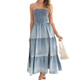 IHOOV Elegant Tiered Patchwork Side Slit Strapless Denim Maxi Dress