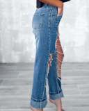 ihoov Unique Chain Embellished Distressed Straight Leg Jeans