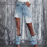 ihoov Unique Chain Embellished Distressed Straight Leg Jeans