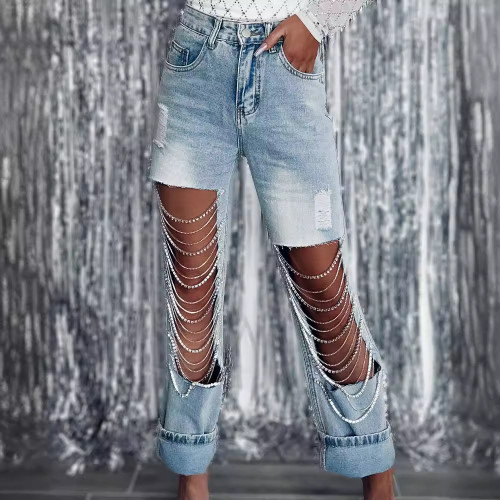 ihoov Unique Chain Embellished Distressed Straight Leg Jeans