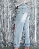 ihoov Unique Chain Embellished Distressed Straight Leg Jeans