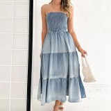 IHOOV Elegant Tiered Patchwork Side Slit Strapless Denim Maxi Dress