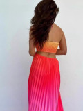 Women Gradient Halter Pleated  Beach Vacation Maxi Dress