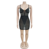 IHOOV Rhinestone Mesh Sleeveless Mini Dress