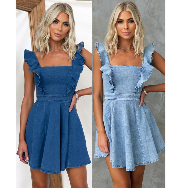 IHOOV Backless Denim Dress with Flare Sleeves