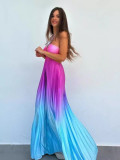 Women Gradient Halter Pleated  Beach Vacation Maxi Dress
