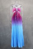 Women Gradient Halter Pleated  Beach Vacation Maxi Dress