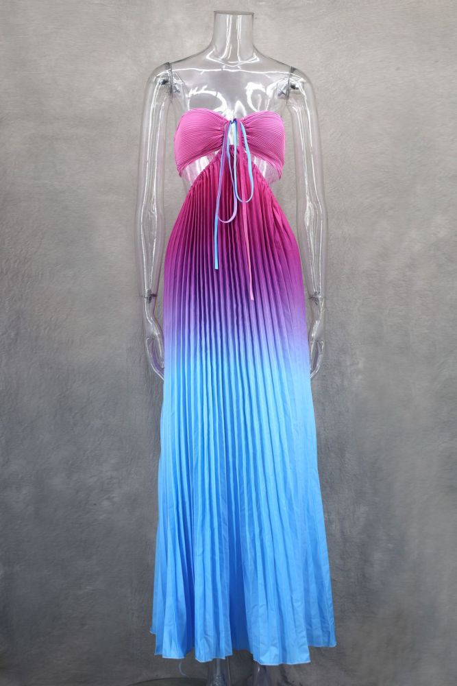 Women Gradient Halter Pleated  Beach Vacation Maxi Dress