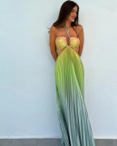Women Gradient Halter Pleated  Beach Vacation Maxi Dress