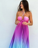 Women Gradient Halter Pleated  Beach Vacation Maxi Dress