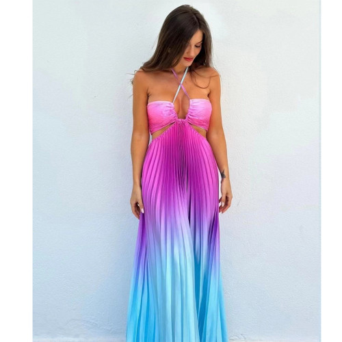 Women Gradient Halter Pleated  Beach Vacation Maxi Dress