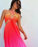 Women Gradient Halter Pleated  Beach Vacation Maxi Dress