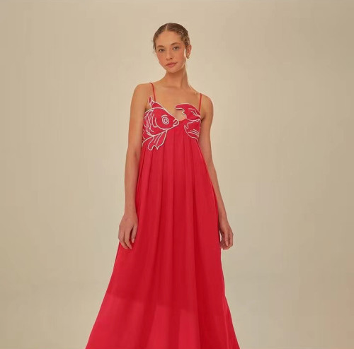 IHOOV Fish-Shaped 3D Embroidered Bustier Pleated Red Spaghetti Strap Dress