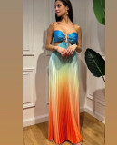 Women Gradient Halter Pleated  Beach Vacation Maxi Dress