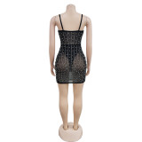 IHOOV Rhinestone Mesh Sleeveless Mini Dress