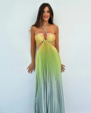 Women Gradient Halter Pleated  Beach Vacation Maxi Dress